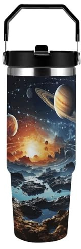 VstaDank Planets Stars And Milky Way Galaxy Tumbler Stainless Steel Large Car Cup with Handle Fashion Vacuum Insulated Tumbler Portable Coffee Cup Exquisite Travel Mug Water Bottle for Outdoor 30oz