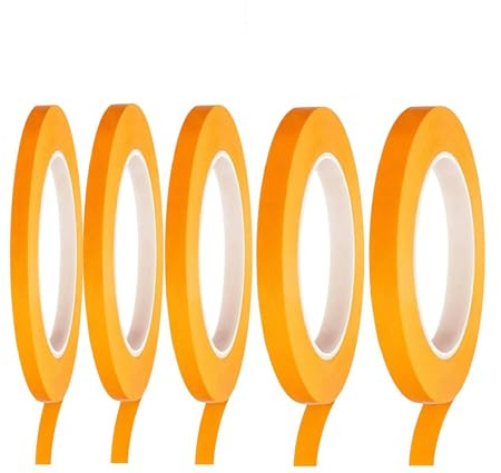 Nify Ruban de Masquage Multicolore Orange Lot de 5, 50 m par Rouleau, 3 mm x2, 5 mm, 10 mm, 12 mm, Ruban Adhésif Fin pour Lignes Fines, Courbes et Travaux de Précision