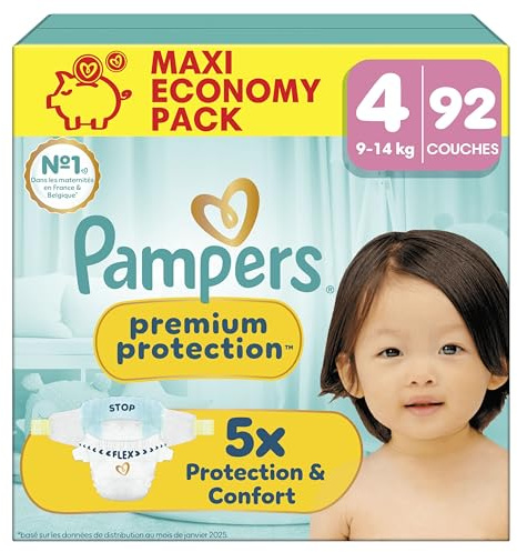 Pampers Premium Protection Couches Taille 4 x92 | 9kg-14kg. Notre N°1 Pour La Protection De La Peau Et Contre Les Fuites.