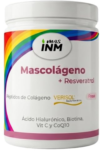 Colágeno en Polvo con Péptidos de Colágeno VERISOL® Con Resveratrol, Ácido Hialurónico, Biotina, Vitamina C y Coenzima Q10 - Mejora la elasticidad de la piel - Sabor Fresa - 90 Servicios - Masinmune