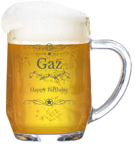 Personalised Tankard Glass Stein for Men Engraved/1 Pint Beer/Tanker/Handle/Vintage Ornate/Gift Box/590 ml