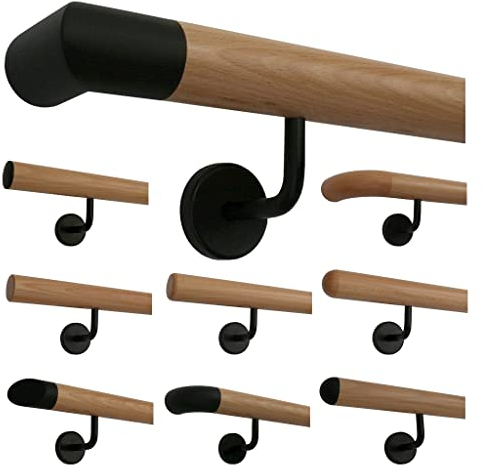 TIBU Buche Holz Handlauf Geländer 30-500cm im Set schwarze Halter Wandhandlauf Wand Treppe, Länge 260 cm mit 4 Halter Enden schwarze Ecken