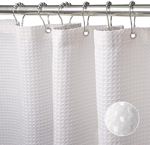 VANZAVANZU Shower Curtain for Bathroom with Metal Hooks Waffle Fabric Shower Curtain Heavy Duty Bath Curtain for Wet Room Bathtub Shower Stall, Weighted Hem, Water Resistant - 182 x 182cm (White)