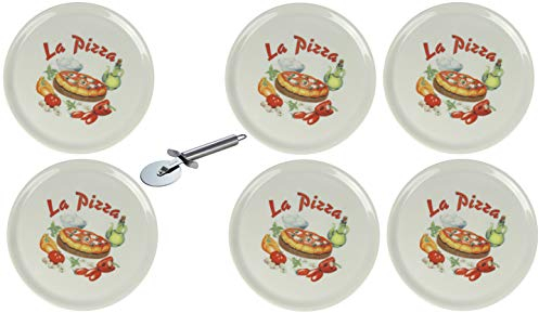 Viva Lot de 6 assiettes à pizza en porcelaine XXL avec différents motifs et roulette à pizza en acier inoxydable Ø 31 cm