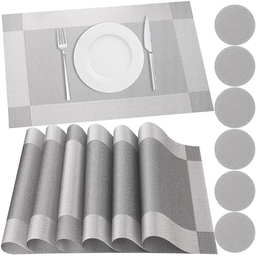 HEYOMART 6er Set Platzsets und Untersetzer, rutschfest Abwaschbar Tischsets, PVC Vinyl Hitzebeständig Platzdeckchen, Ideal für Küche, Party, Hochzeit usw, Silber