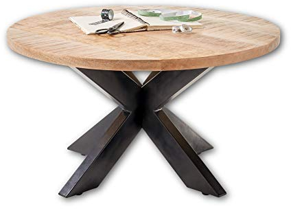 ACE Couchtisch rund Massivholz Mango mit schwarzem Metallgestell - hochwertiger & naturbelassener Sofatisch für Ihren Wohnbereich - 80 x 47 x 80 cm (B/H/T)