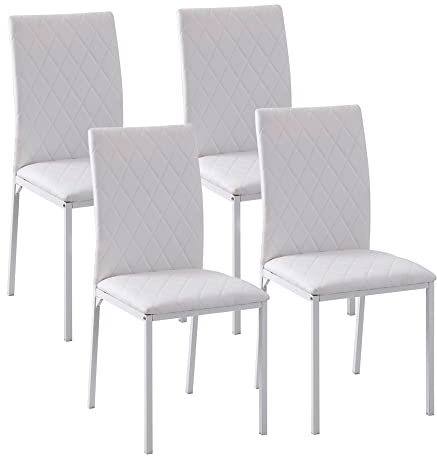 HOMCOM Set 4 Sedie per Soggiorno o Sala da Pranzo, Sedie Imbottite e Rivestite in Pelle PU Bianca, 41x50x91cm