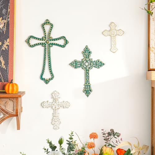 Sungmor Gusseisen-Wandkreuze, 4 Stück, Metall, hängende Kreuze, Wandkunst, Dekoration, antikes Schmiedeeisen, religiöses Kreuz, Wandschild zum Aufhängen, Weiß und Grün