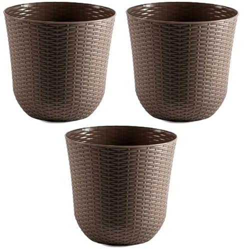 AC - Pack de 3 macetas Redonda - Fabricación en plástico – Diseño Rattan – Ideal como macetero, Tiesto, Recipiente para Plantas, Flores, balcón, terraza, jardín – Ø 33 cm – Color Topo