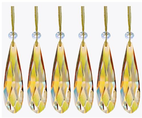 Crystal Glass Christmas Ornaments, 6Pcs Teardrop Prism Hanging Crystals for Christmas Tree,Centerpieces,Wedding,Party Decor (Gold)