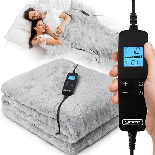 Yoer Elektrische Decke, 160W, 180x160 cm Große, Heizmatte, 10 Heizstufen | Beidseitiges Plüsch, Schnelles Aufheizen, 10h Timer, Waschmaschinenfest, Fernbedienung mit LCD-Anzeige, Bero EB01G