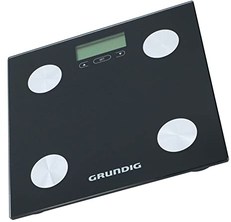 Grundig Bilancia pesapersone digitale – con analisi del corpo: grasso corporeo e massa muscolare – Memoria per 12 persone – Max 180 kg – Vetro – Nero