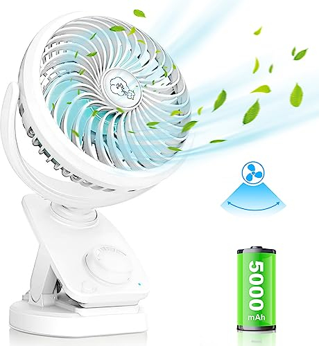 Verbesserte Mini USB Clip Ventilator mit 5000mAh 2 in 1 Tischventilator Clip Fan, Auto-Oszillierend Leise Stufenloser Geschwindigkeit USB Wiederaufladbare Tragbare Lüfter für Büro Camping Ø14.5cm
