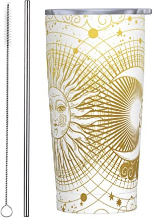 Isolierter Becher Gold Sonne Mond Goth Mystic 590 ml mit Deckel und Strohhalm Edelstahl Vakuumbecher Kaffee Wasser Auslaufsicher Reisebecher für Zuhause Büro Schule