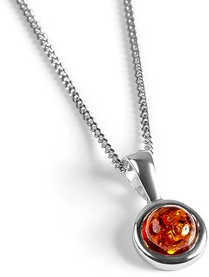 HENRYKA 925 Sterling Silver & Baltic Amber Round Charm Necklace | Minimal Pendant | Bridesmaid Jewellery | Hypoallergenic Women's Jewellery with Gift Box