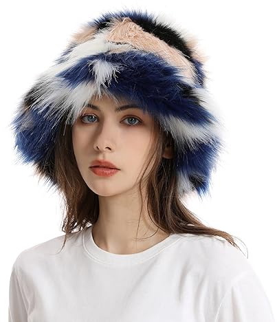 Faxianther Colorful Faux Fur Bucket Hats, Men Women Warm Furry Cosplay Halloween Xmas Raves Party Fisherman Hat Headwear Caps