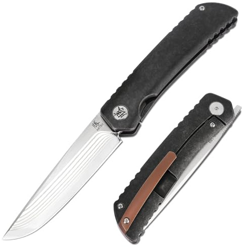 KATSU Klappmesser, Taschenmesser mit Taschenclip & Sandstrahlgriff aus Titan, ZDP-189 Scharfer Einhandmesser, Tragbares Outdoor Messer mit Rahmenschloss für den Täglichen Gebrauch - Dunkelgrau