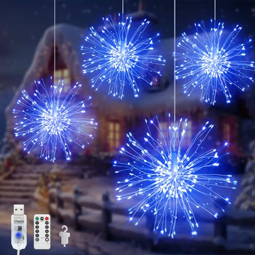 Acxilexy 4 Piezas Luces de Cuerda de Fuegos Artificiales, 480 LEDs USB Fuegos Artificiales Luces con 8 modos, impermeables Luces de Fuegos Artificiales, Guirnaldas Luces para Fiesta Jardín Patio