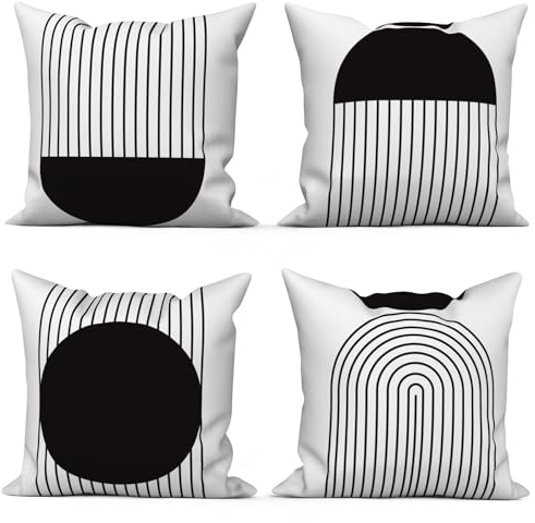 ASDCXZ Boho Kissenbezug 40x40 cm 4er Set, Modern Abstrakt Kunst Schwarz Sonne Weiß Sofa Dekokissen Kissenbezüge Kissenhülle Waschbar Polyester Flachs Textil Outdoor Kopfkissenbezug Kissen Bezug
