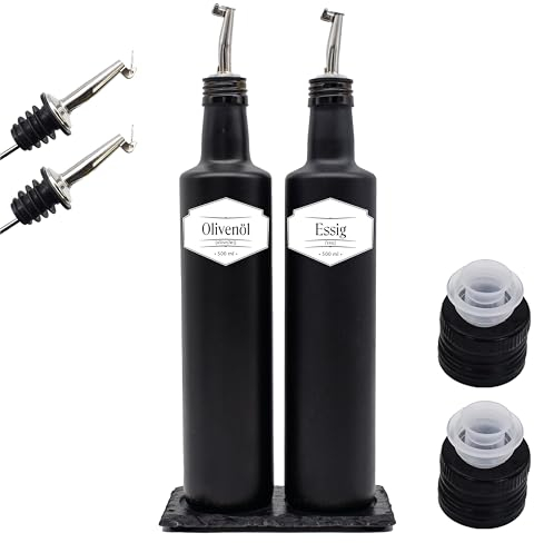 Ölflaschen Set Schwarz-matt aus Glas mit Edelstahl-Ausgießer Untersetzer wasserfeste Etiketten 500 ml Deckel zum befüllen Olivenöl Essig