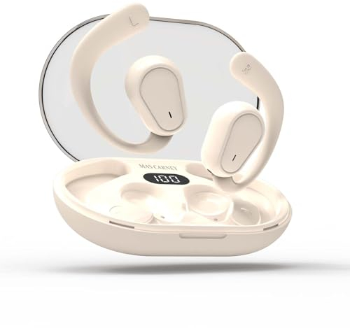 MAS CARNEY Cuffie Bluetooth Aperte M6, Open Ear Auricolari Wireless con Gancio Regolabile, 20 Ore di Riproduzione, Batteria 300mAh, Display LED e Scatola di Ricarica Trasparente, Giallo Caldo