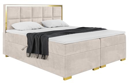 MEBLINI Boxspringbett mit Bettkasten - Gepolstert Doppelbett mit Matratze und Topper - Polsterbett mit Stauraum - Bett mit Kopfteil - Dani Gold - 180x200 - H3/Beige Samt