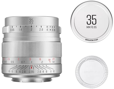 Brightin Star 35mm F0.95 APS-C Manual Focus Prime Lens for Fujifilm XF Mount Mirrorless Cameras, Large Aperture Fixed Lens, Fit for XT5, XT4, XT30, XPRO3/1, XT200, XS10, XA7, XE4, XH1(Silver)