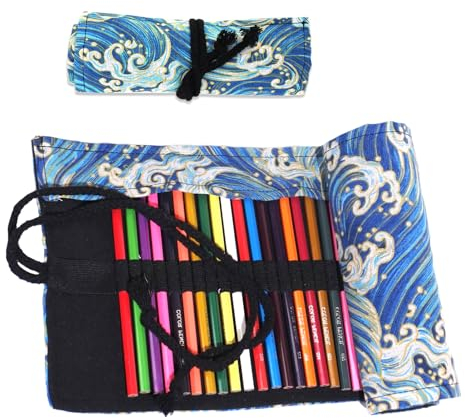 Rollmäppchen mit 36 Löchern, Rollendes Federmäppchen aus Leinen Mal oder Make up Pinselhalter Waschbare Rolle, Verschiedene Arten von Stiften für Studenten Pinsel Malerei Künstler Aufnehmen (A:Blau)