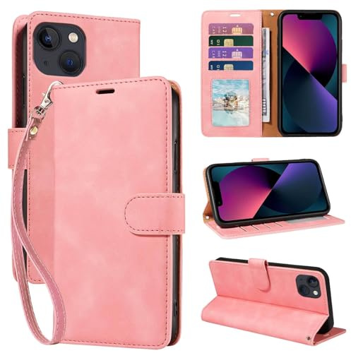 GOTOURED for iPhone 13 Phone Case Wallet, RFID Blocking Card Holder, Pink | 4 Card Slots, Wrist Strap, Soft PU Leather Flip Cover, Kickstand, Magnetic Closure, TPU Shell Protective, 13 6.1-inch