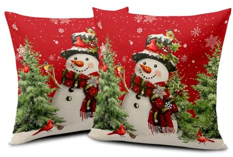 Wnoesat Snowman Christmas Red Throw Pillow Covers 18x18 Set of 2 Winter Snow Snowman Pine Tree Bird Print Decorative Outdoor Pillow Cases Xmas Farmhouse Pillowcase Winter Holiday Decor for Home Couch