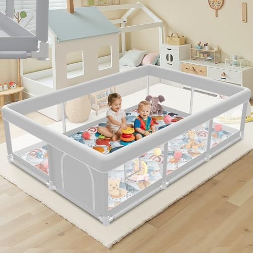 74x50 Inch Baby Playpen with Mat, Playpen with Cute Mat for Babies and Toddlers Play Pen Playards Safety Gate Fence Active Center Indoor