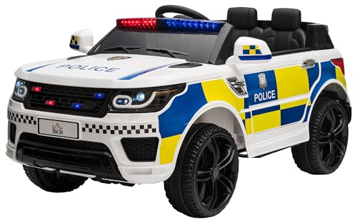 HOMCOM Coche Eléctrico para Niños de +3 Años Carro Eléctrico Infantil de Policía Coche de Batería 12V con Suspensión de Muelle Mando a Distancia Bluetooth Luz USB Sirena Blanco