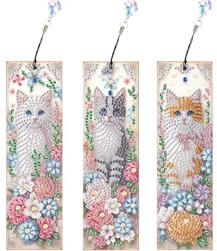 SHEGZHUC Uppsättning av 3 diamantmålning, bokmärken, pyssel, diamantmålning, bokmärken, diamantmålning, katter, med blommor, diamantmålning, djur, diamantmålning, konst, broderi, korsstygn, bilder,