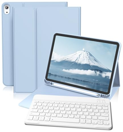 GKABXY Fodral med tangentbord för iPad (A16) 10/11 generation, 10,9/11 tum, (2022/2025), mjukt TPU-baksidesfodral med pennhållare, magnetiskt avtagbart Bluetooth-tangentbord, QWERTZ-layout, ljusblå