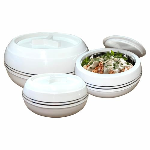 FotoStation 3 Pcs (1.2L, 1.5L, 2.5L) Round Insulated Casserole Hot Pot with Lockable Lid Food Warmer/Cooler Double Wall Inner Stainless Steel Serving Dishes Gift Set Food Grade Thermal Hot Pot, WHITE