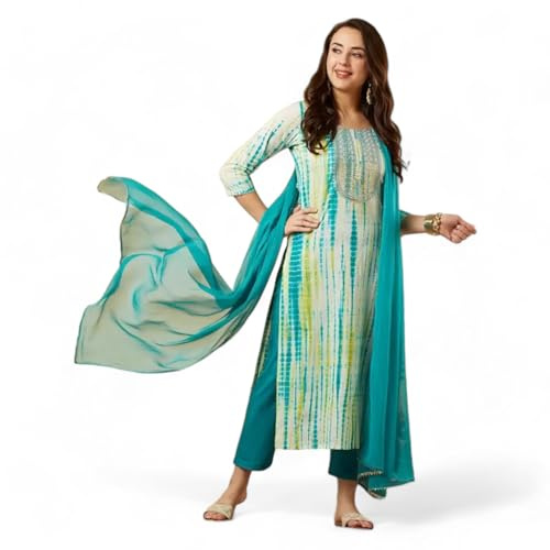 RangMahal Indisk dam viskos rayon slips form kurta med byxa Dupatta set, gRÖN, XXL