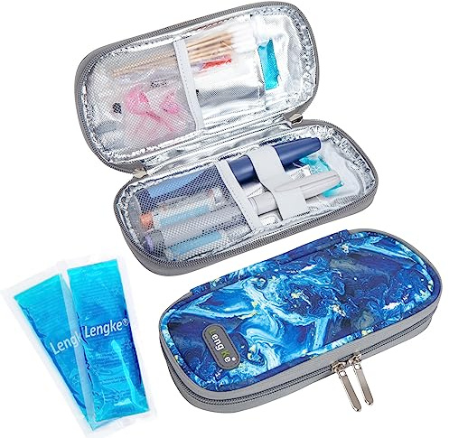 SUNMON Monjaro, borsa da viaggio compatta, con 2 buste refrigeranti riutilizzabili, borsa termica per insulina e medicinali, approvata TSA, per il viaggio (Blu Sabbia)