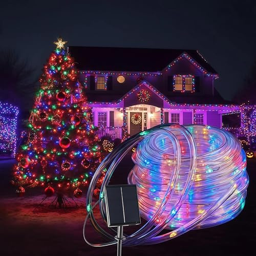 Suyoo Solar Rope Lights Outdoor Waterproof LED - 200 LED Rope String Lights, 22M/72FT 8 Modes with Remote Flexible Solar Tube String Lights for Garden Patio Party(Multi-Color)