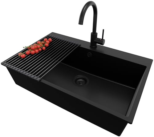PRIMAGRAN Fregadero Granito al Mueble 80cm + Grifo, 78x50cm | Set: Grifo BW5010 + Kit de desagüe + Enrollable Escurridor + Riga 1 Seno para Cocina, Todo Negro