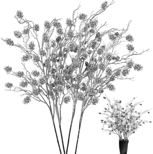 Daily Treasures 4 Stück Schneebedeckte Kiefernzweige mit Tannenzapfen - 78cm Künstlicher Weihnachtsdekoration Kiefernzweig, Winterliche Schnee Weihnachtsdekoration für Vase,DIY,Basteln, Zuhause, Kranz