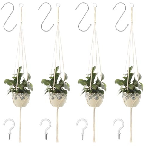 Portavaso da Appendere, 4 Pezzi Vasi Sospesi per Piante Esterno, Fioriere, Portafiori Corda Tessitura a Mano, con Ganci, per Balcone e Fiori Decorazioni