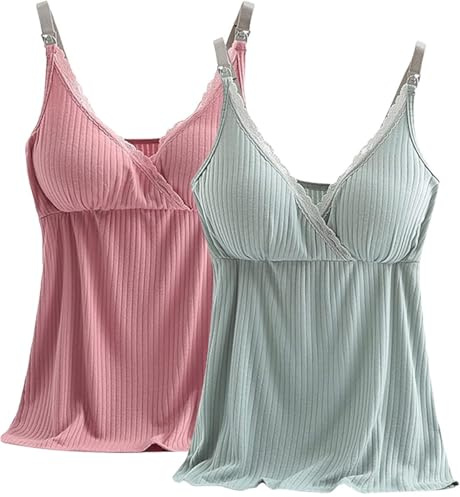 AOOPOO Confezione da 2 Canotta da Allattamento per Donna, Canottiera Pigiama Scollo a V in Pizzo con Cuscinetti Rimovibili per Dormire Allattamento Reggiseno Top Gravidanza Pigiama Canotte, M-3XL