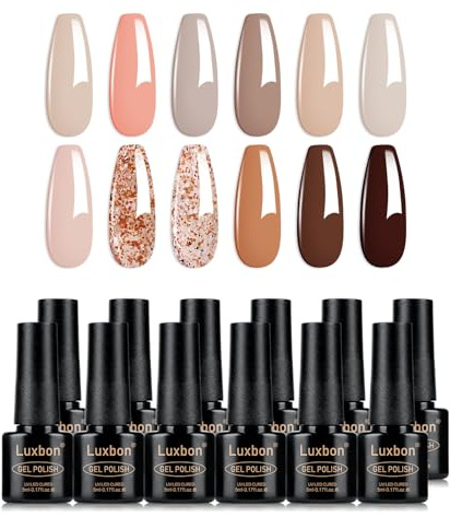 Luxbon 12 pz Smalto Gel Semipermanente Set - Autunno Colore Set Lunga Durata Autunno Smalto Semipermanente, uv led Soak Off Nail Art Disegni Manicure Kit 011