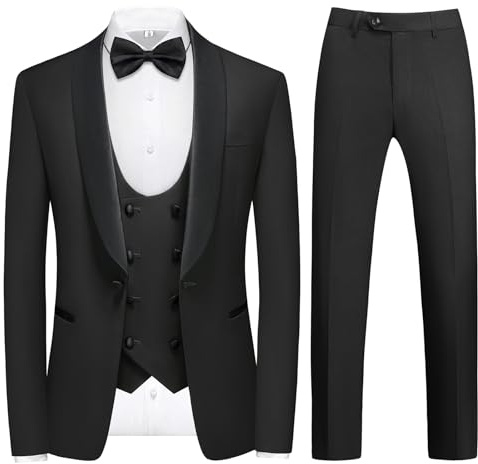 KUDMOL Mens Suit 4 Piece Tuxedo One Button Blazer Vest Trousers Set with Bow Tie for Prom Wedding Party(Black,L)