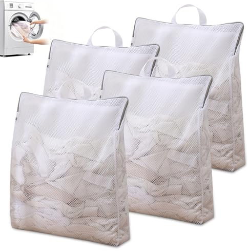 Qixuer 4 redes blancas con asas (cremalleras grises), 50 x 60 cm, bolsas de lavandería para lavadora, bolsas reutilizables para ropa delicada