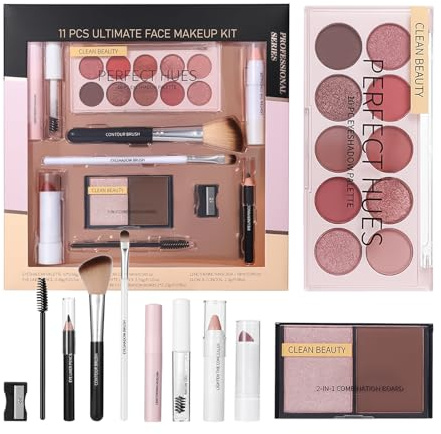 Ensemble de maquillage pour débutants - boîte cadeau cosmétique complète | Make Up Set for Women Full Kit | 11 pièces Mascara Corpeau de fard à paupières Palette Lipstick pour filles adolescents de