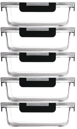 Glass Food Storage Container with Lid 5pcs, 1040ml Reusable Airtight Glass | Lunch Meal Container Stackable Tableware Organization and Storage, Safe for Microwave Ovens Refrigerators Dishwashers (Black)