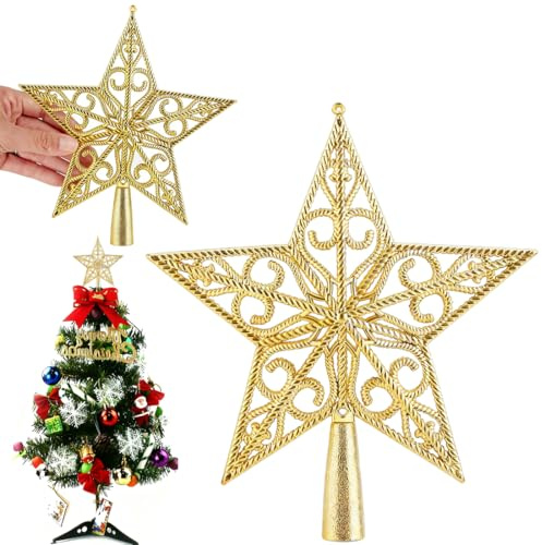 Christbaumspitze Stern Gold - 20cm Weihnachtsbaum Stern Spitze Gold im Leichten Hohl-Design, Stabiler Halt für Jede Tannenbaum Spitze & Traditionelle Weihnachtsdeko