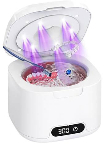 HomeBeyond Nettoyeur à ultrasons dentaires, 49 kHz pour dentiers, protège-dents, aligneurs, appareils dentaires, têtes de brosse à dents, bijoux, avec minuterie numérique et capacité de 340 ml