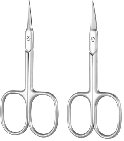2 Pack Stainless Steel Cuticle Scissors Extra Fine Curved Blade Multi-Purpose Grooming Scissors for Manicure Pedicure Eyebrow Nail Eyelash Beards, Silver